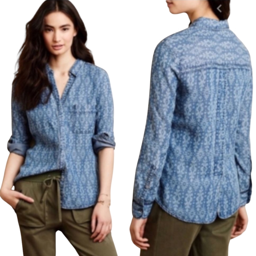 Holding Horses Anthropologie Shirt Size 6 Button Up Top Blouse Blue Print